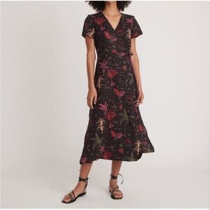 MARINE LAYER XL Emyln Midi Wrap Dress Black Beach Wizard Print Hemp Blend